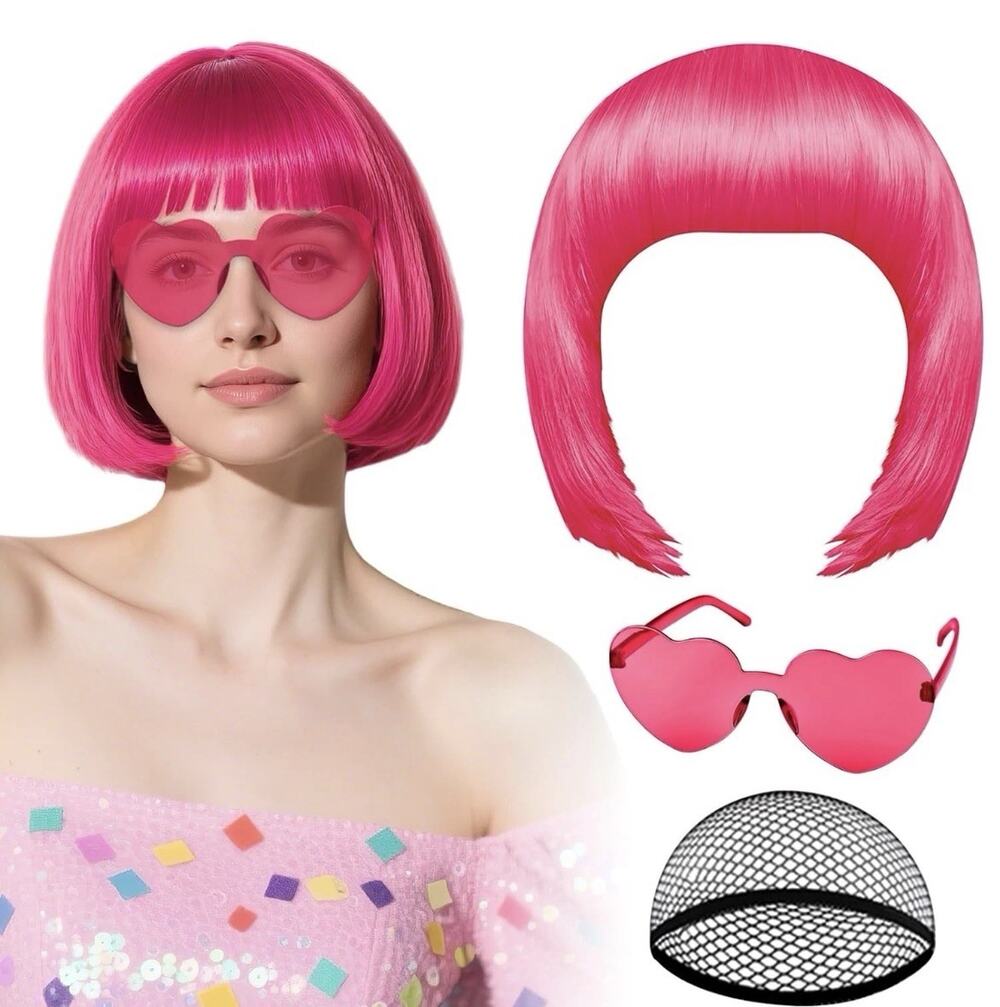 Hot Pink Bob Wig with Heart Sunglasses and Hair Cap, Colorful Short Bob Wigs Syn